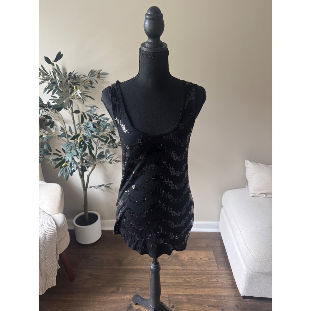 Rue21 Womens Large Black Sequin Wavy Pattern Scoop Neck Sleeveless Tank Top